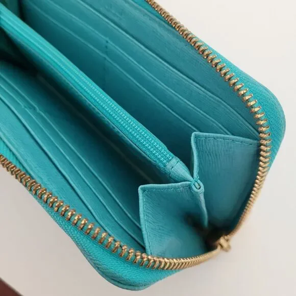 Furla Italian Zip Around Wallet Large Geniue Leather Tiffany Blue Designer Logo - Picture 6 of 10